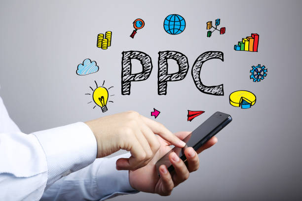 PPC business concept with businessman touching the smartphone.